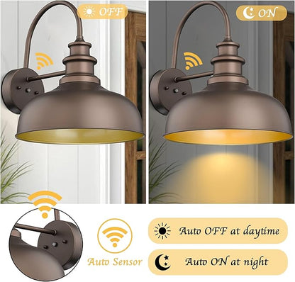Bestshared 14 Inch Dusk to Dawn Gooseneck Barn Lights Farmhouse Outdoor Wall Sconce Industrial Exterior Wall Lighting Fixture Vintage Porch Lantern Lamp for Patio,Garage,Front Door(ORB+Gold,14"-1Pack)