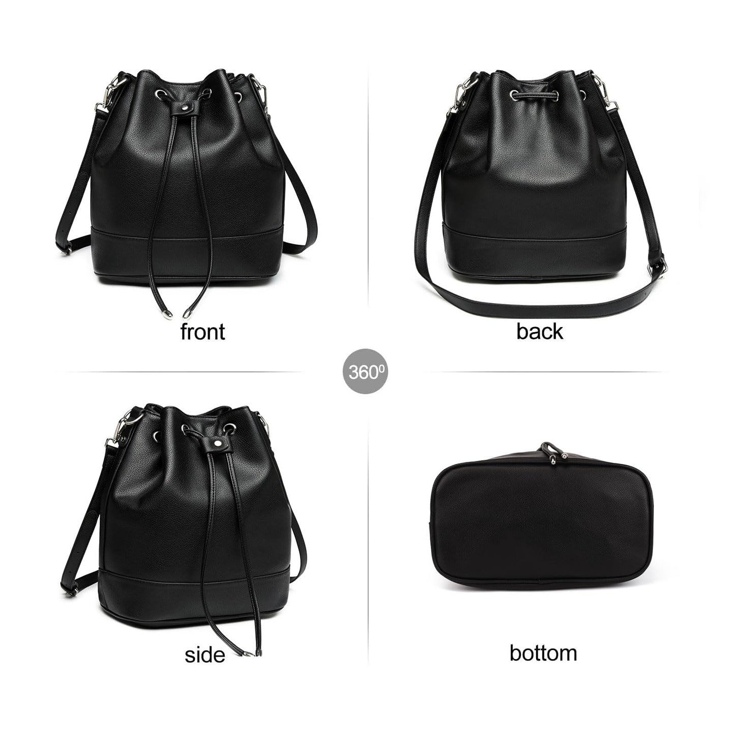AFKOMST Leather Bucket Bags and Drawstring Crossbody Purse for Women Medium Tote and Hobo Handbags with 2 Shouder Straps