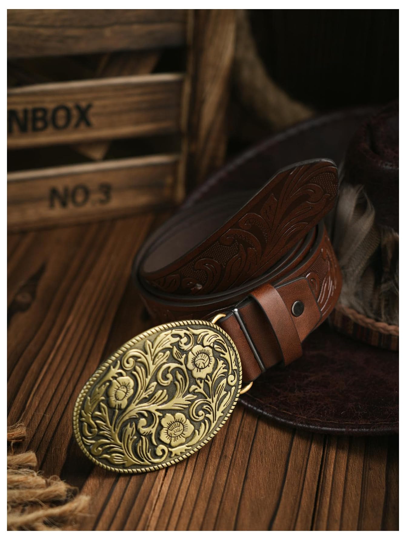 GORGLITTER Women's Cowboy Belts Floral Country Belts Leather Waist Belt for Jeans Pants Coffee Brown suit waist size:33.5-37.4"