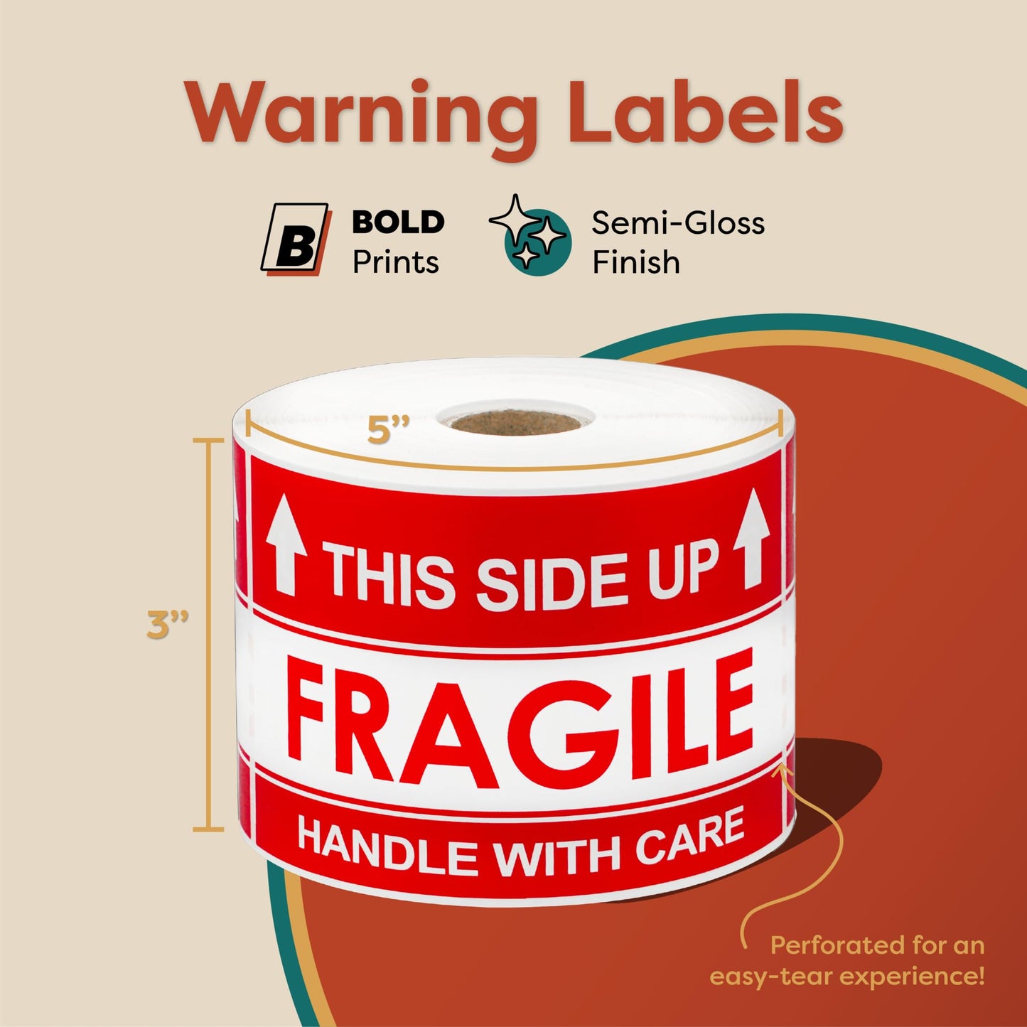 Aegis Adhesives - 3" X 5" This Side Up Arrow - Handle with Care (1 Roll, 500/Roll) Warning Shipping Labels