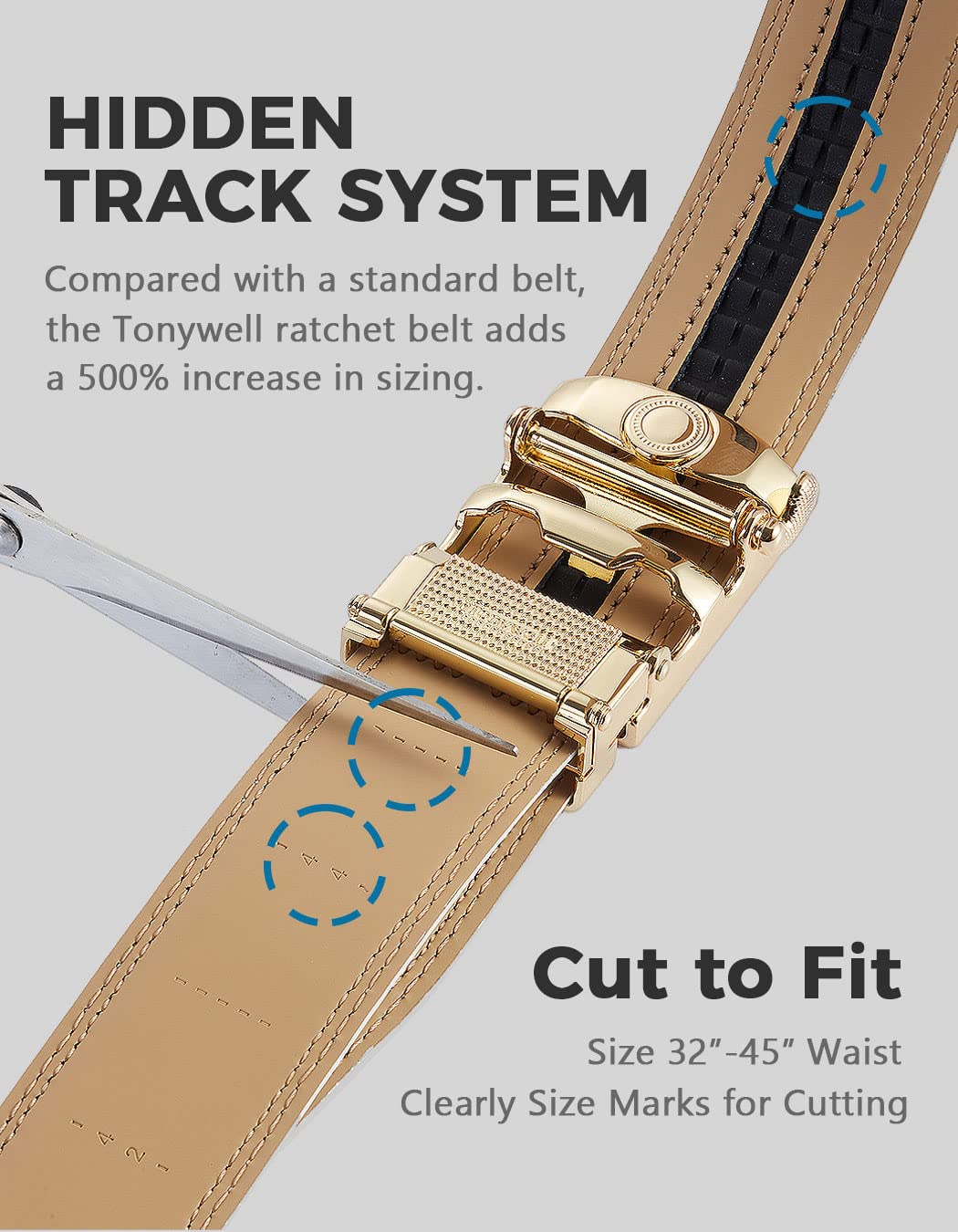 Tonywell Ratchet Belts for Men, Leather Dress Casual Belt, 1 3/8" Adjustable with Comfort Click Buckle (Belt Cognac Silver Buckle, 32" to 45" Waist Adjustable)