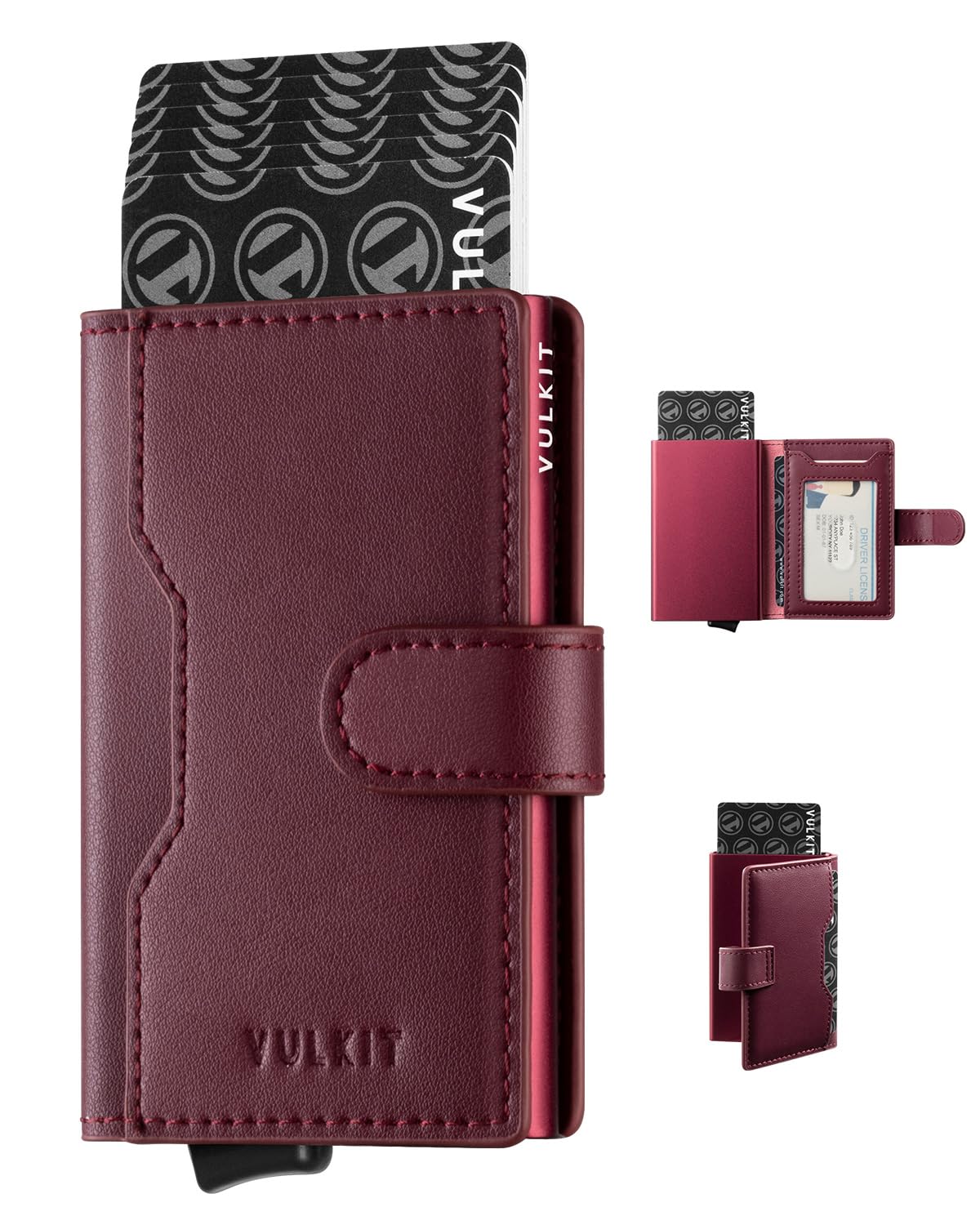 VULKIT Slim Bifold Pop up Wallet Minimalist Leather Card Holder RFID Blocking Metal Card Case with ID Window for Women(Wine)