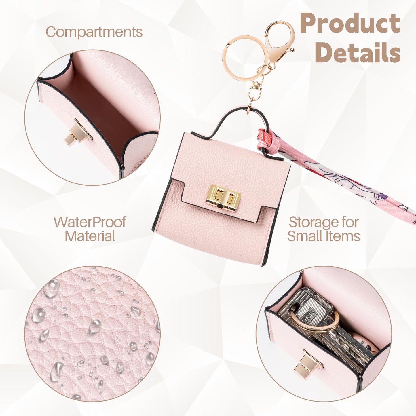 Playexen 2 PACK Mini Backpack Keychain, Cute Cosmetic Bag for Purse with Wrist Strap, PU Leather Makeup Bag Headphone Pouch for Girls Women, Birthday/Party/Christmas Gifts (Ladder-Black+Pink)