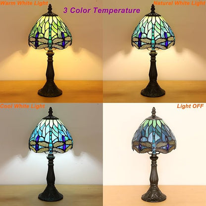 Small Tiffany Lamp 3 Color Temperature Blue Dragonfly Stained Glass Table Lamps 7X7X14 Inch Bedside Nightstand Night Light Desk Office Light for Living Room Bedroom W/LED E12 Bulb
