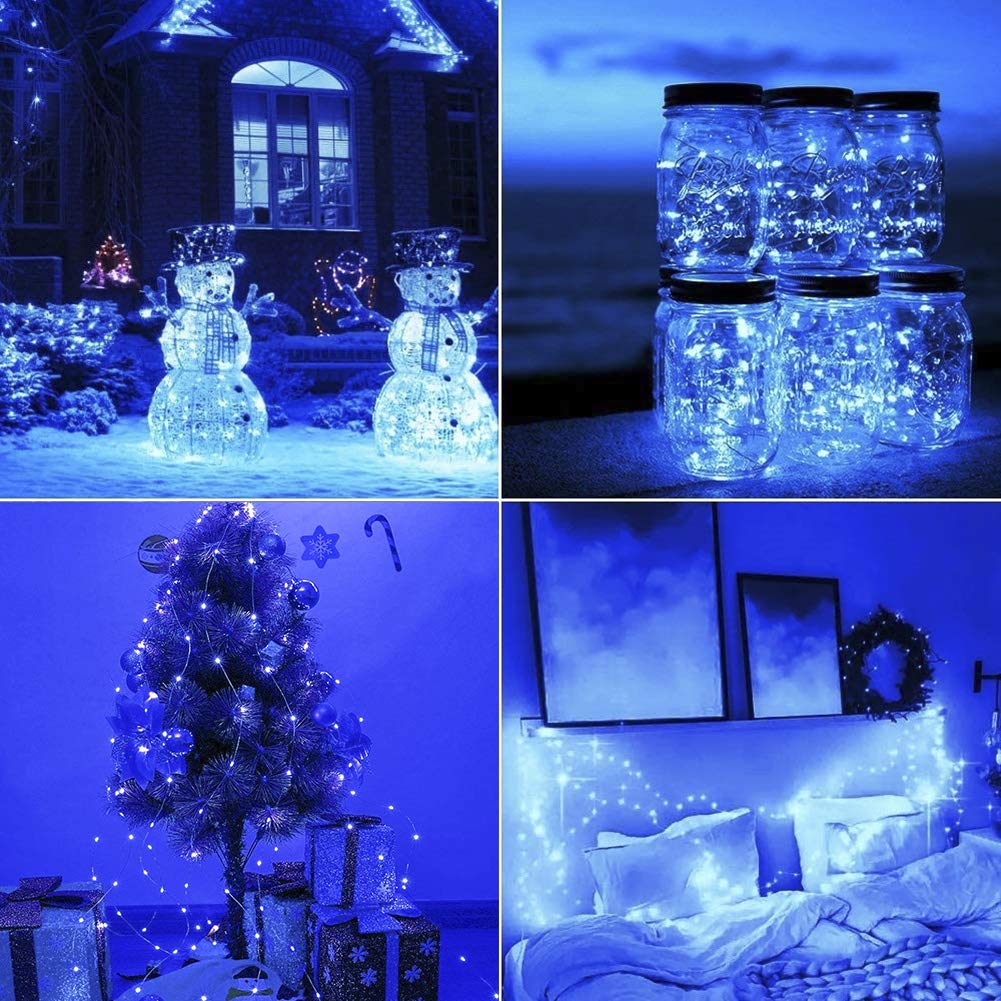 woohaha Solar String Lights, 2PACK 33ft 100 LED Blue Copper Wire Lights, Waterproof Fairy Decoration Starry String Lights - 8 Modes, Indoor/Outdoor for Gardens, Patios, Homes, Parties(Blue,2PCS)