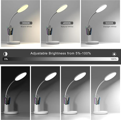 Desk Lamp, LED Desk Lamp for Home Office, Touch Table Lamp with 3 Color Modes 360° Adjustable Arm, Dimmable Desk Light with Pen Phone Holder, White