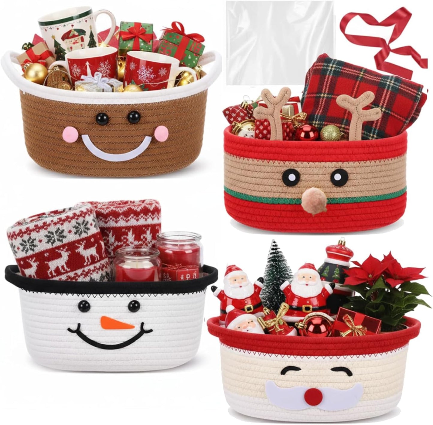 Zopeal 4 Pcs Christmas Woven Basket with Gift Bag, Ribbon Empty Basket Deer Storage Bin Holiday Decorative for Xmas Gifts, 12 x 8 x 5 Inch