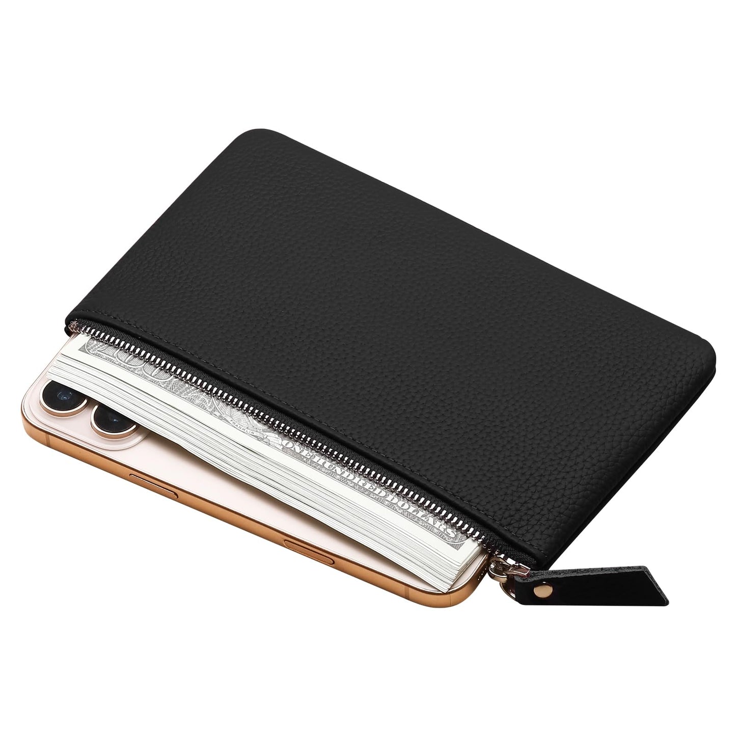 Genuine Leather Zipper Purse, Travel Makeup Bag With Zipper for Men Women Coin Bag Lipstick Cosmetic Accessories Organizer, Travel Kit Storage Pouch (Black)