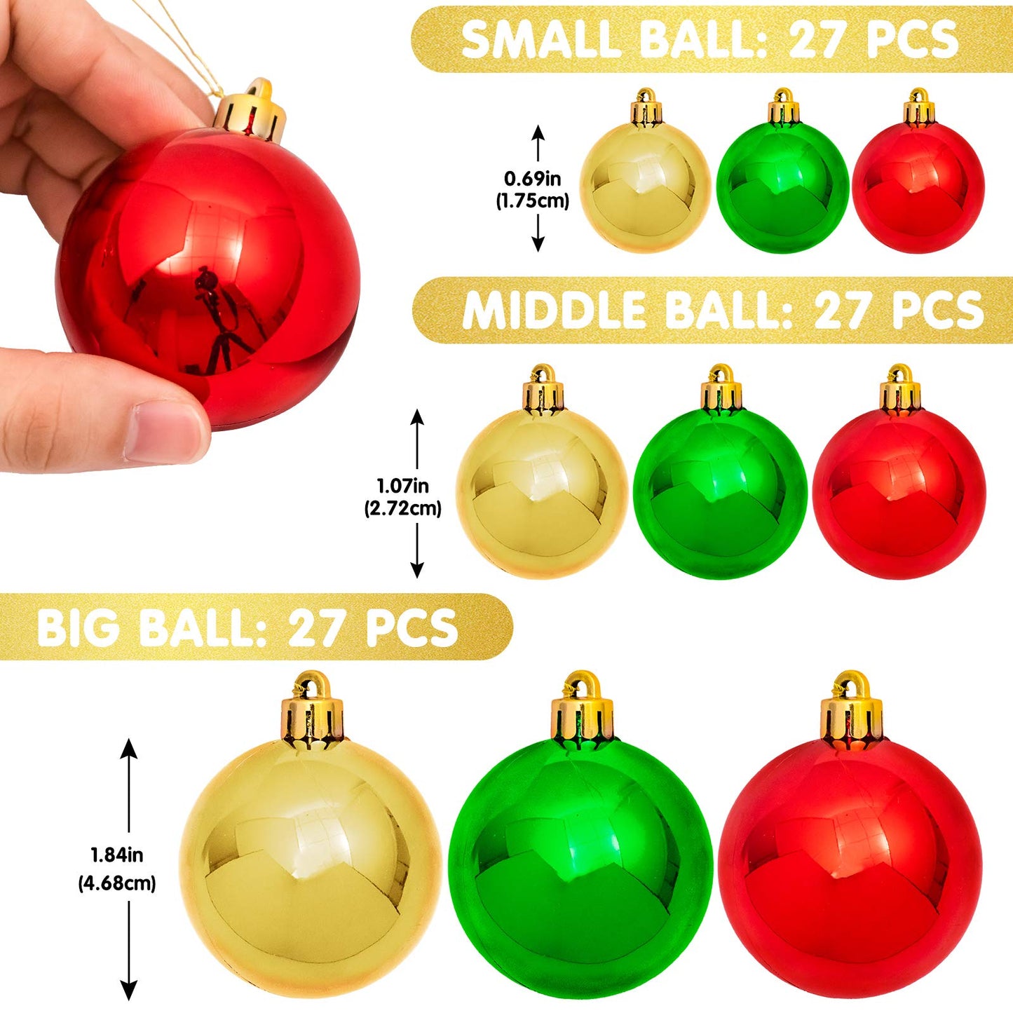 Whaline Christmas Ball Garland Ball Ornament 6ft Bauble Garland Christmas Tree Ball Decoration Shatterproof Ball Ornaments for Xmas Party Supplies, Indoor Outdoor Home Office, Red Green Gold