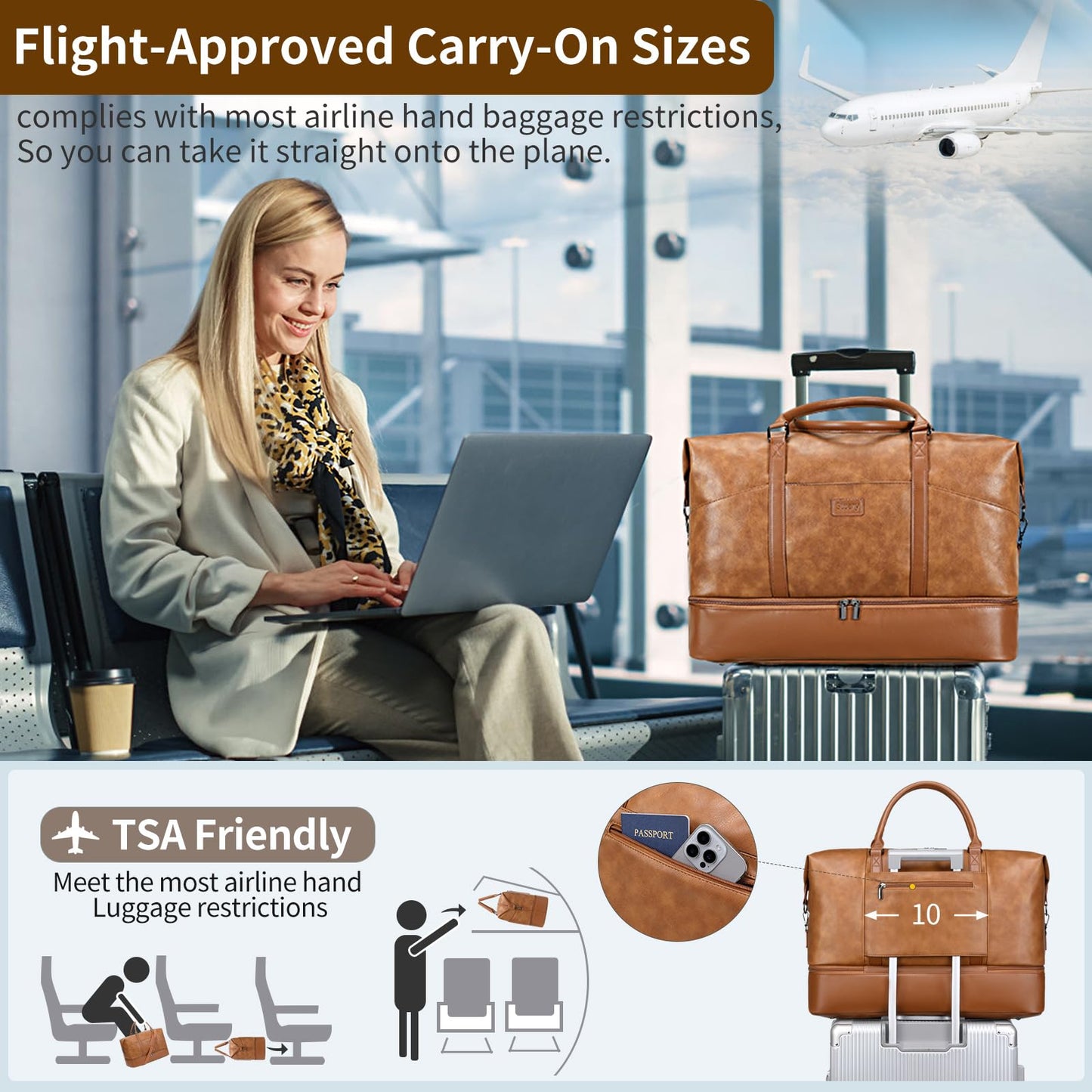 Faux Leather Weekender Bags for Women: Large Overnight Bags Travel Duffel Bag Carry On Shoulder Weekend Tote with Shoe & Laptop Compartment & Toiletry Bags for Airplane Traveling Gym, Brown