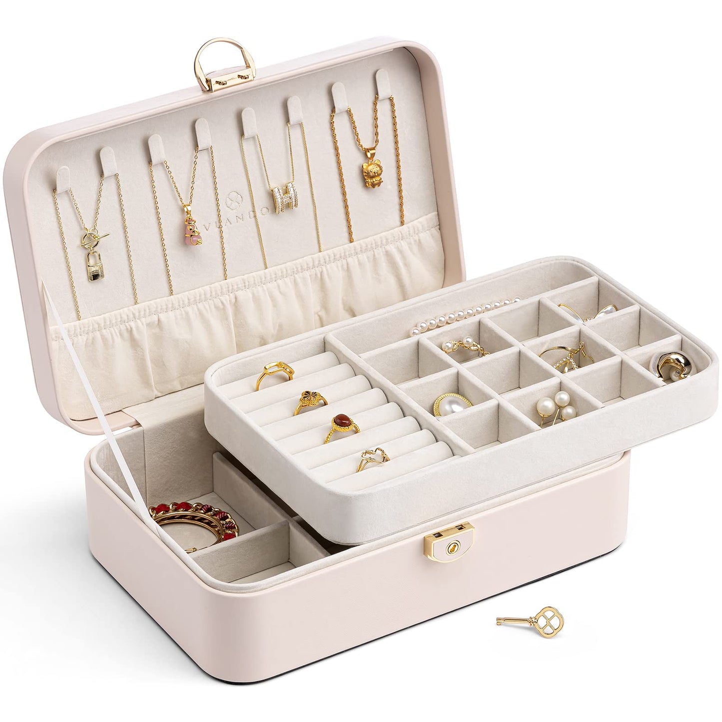 Vlando 2-Layer Jewelry Box,Valentines Day Gifts for Her Jewelry Organizer for Women Removable Jewelry Tray for Earrings Necklace,Gift Ideas,Birthday Graduation Gifts Apricot Pink