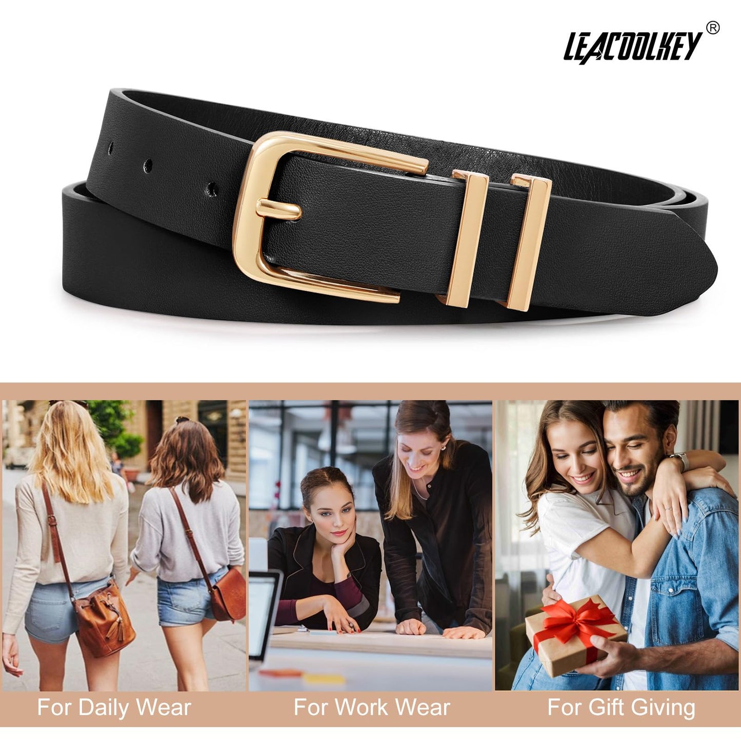 LEACOOLKEY 3 Pack Women's Leather Belts for Jeans Dress Pants Fashion Ladies Leather Belts with Gold Buckle