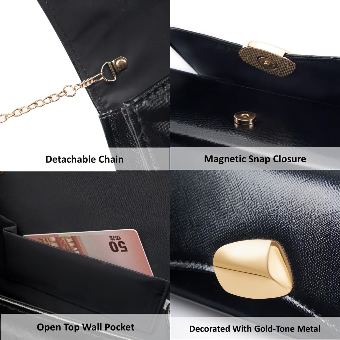 Women's Evening Handbag PU Leather Top Handle Clutch Purse with Gold Metal Clasp for Party Prom Wedding Cocktail (Black 703)