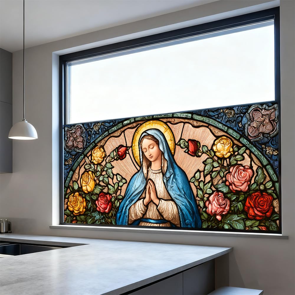 WDESYADMS Window Privacy Film 39x17 Inch Stained Glass Virgin Mary and Roses Design Peel and Stick Static Cling Decorative Window Film for Living Room Bedroom Glass Door