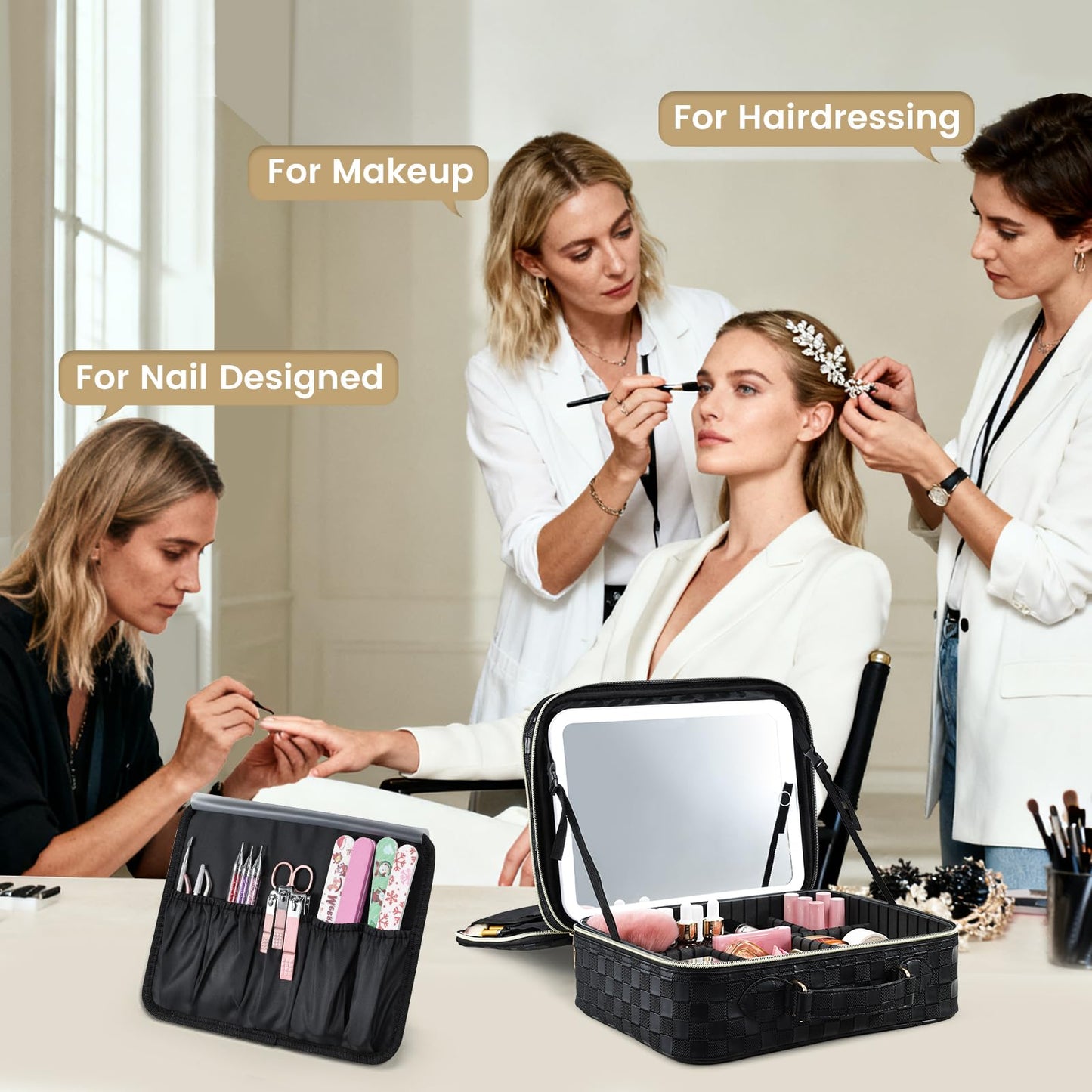 Makeup Bag with LED Lighted Mirror 12.2 IN Cosmetic Train Case Double Layer Makeup Case Adjustable Brightness in 3 Colors Cosmetic Organizer Artist Storage with Brush Holder Vanity Black Checkerboard