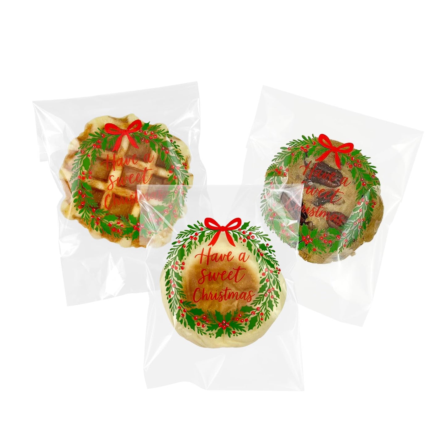 EKAPACKAGING 200 Pcs 5x7 Inches Self Sealing Cellophane Bags, Christmas Print Cookie Bags with Seal, Resealable Treat Bags for Party Favors, Bake Sale Packaging, Individual Packaging