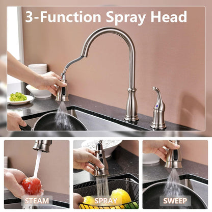 APPASO 3 Hole Kitchen Faucet with Pull Down Sprayer, Kitchen Faucets with Soap Dispenser, 3 Pieces Kitchen Sink Faucet with Separate Handle, Matte Black Kitchen Faucet 3 Hole, 218MB