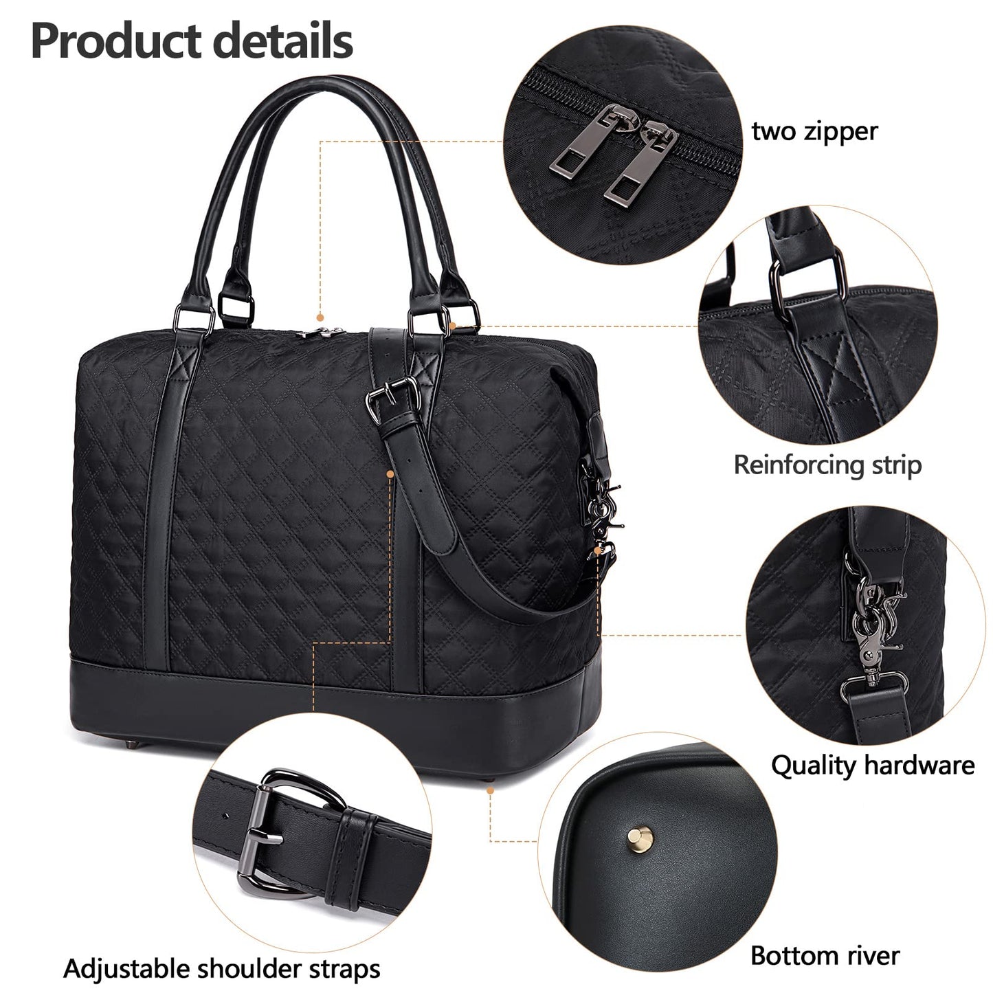 Women Ladies Weekender Carry-on Tote Bag Overnight Duffel in Trolley Handle (Quilted black)