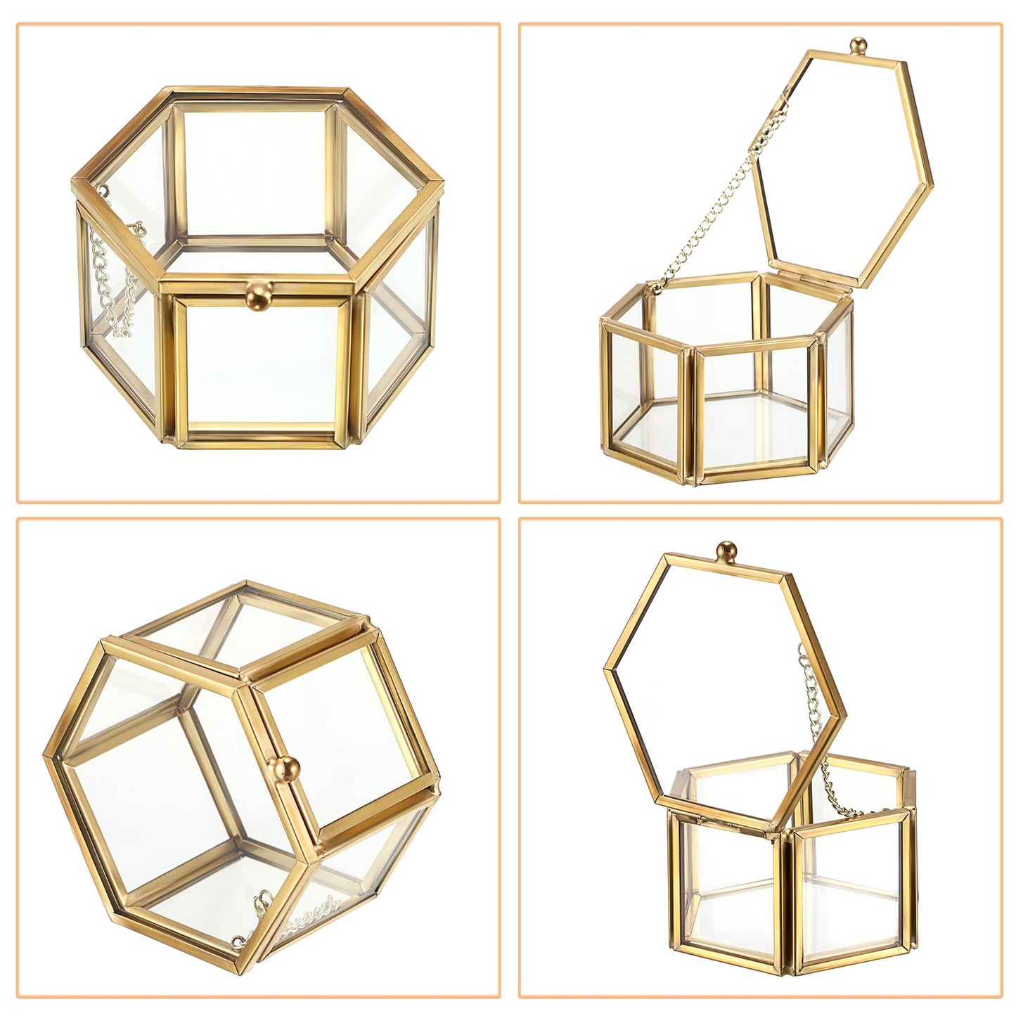 BTSKY Golden Glass Paper Clip Holder, Compact Hexagon Binder Holder for Desk, Clear Elegant Paper Clip Dispenser, Decorative Mini Storage Box Small Office Supply Accessory Organizer