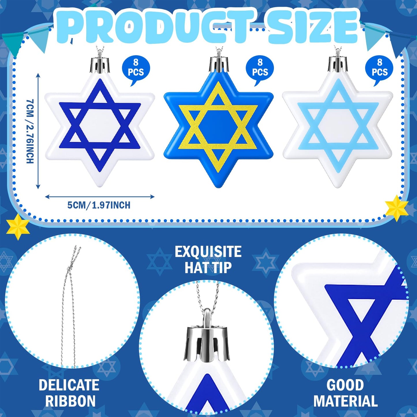 Chunful 24 Pcs Hanukkah Ornaments for Tree Star Hanging Ornaments Shatterproof Star of David Tree Decorations Chanukah Balls Blue and White Jewish Christmas Decorations for Xmas Party Supplies