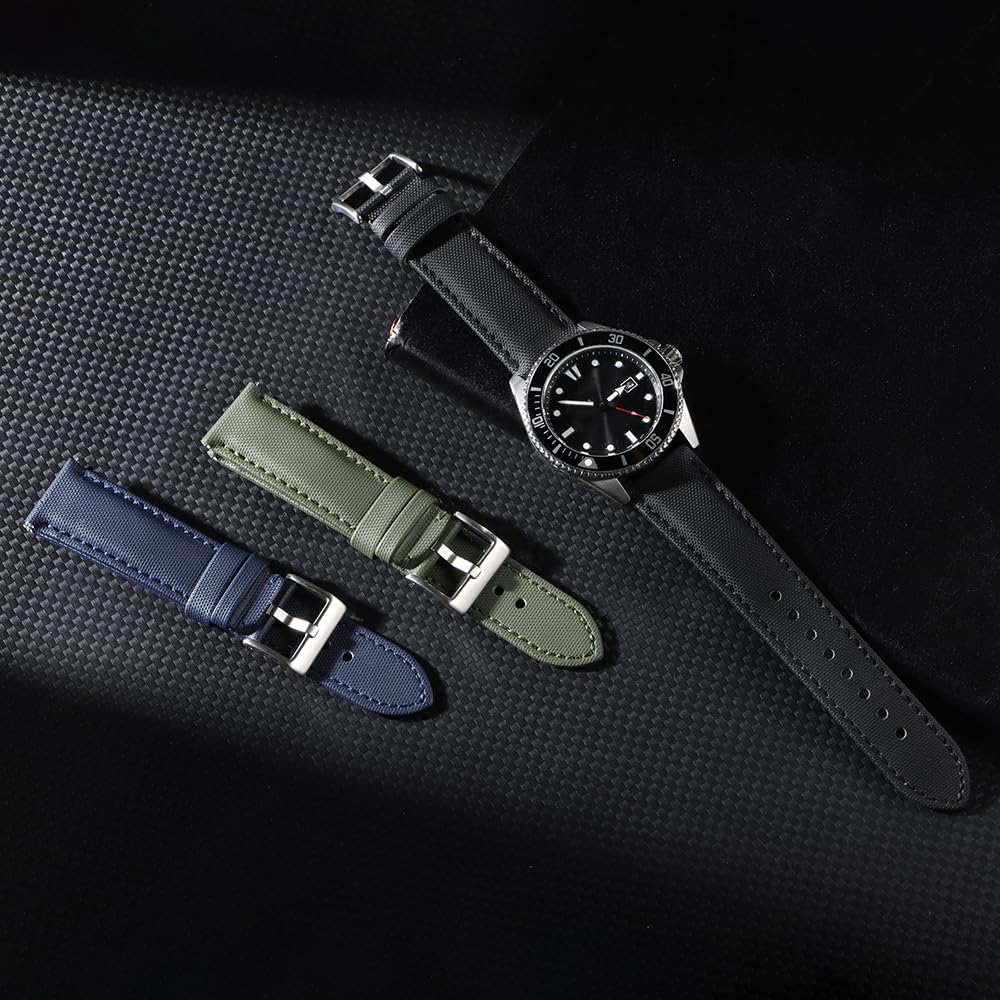 JUNGHELE Nylon watch band for men and women,Quick Release Premium Oxford Waterproof Fabric Weave Back Lining Leather Nylon watch strap with Stainless-Steel Buckle,Black 22mm watch band