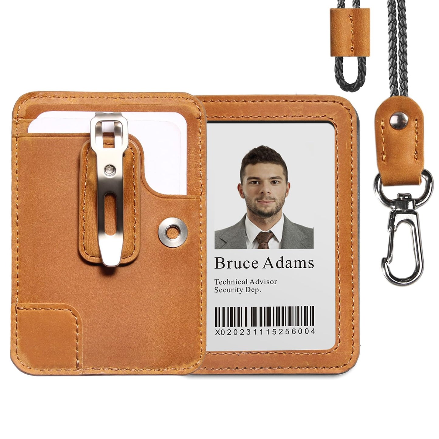 1 Pc LeeFirst Leather ID Badge Holder with Neck Lanyard, Durable ID Card Holder with Detachable Mental Clip for Men Women, Clear Window, 3 Card Slots, Leather Lanyard for Work, School, Golden-Brown