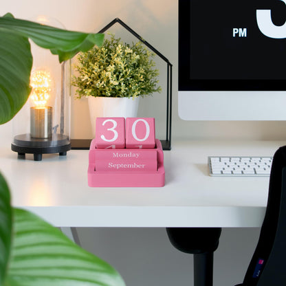 EASEYA Wooden Block Calendar for Desk, Daily Desktop Perpetual Desk Calendar, Modern Farmhouse Aesthetic Desk Accessories for Home Office Decor, Teacher, Classroom, Reusable Yearly, Pink