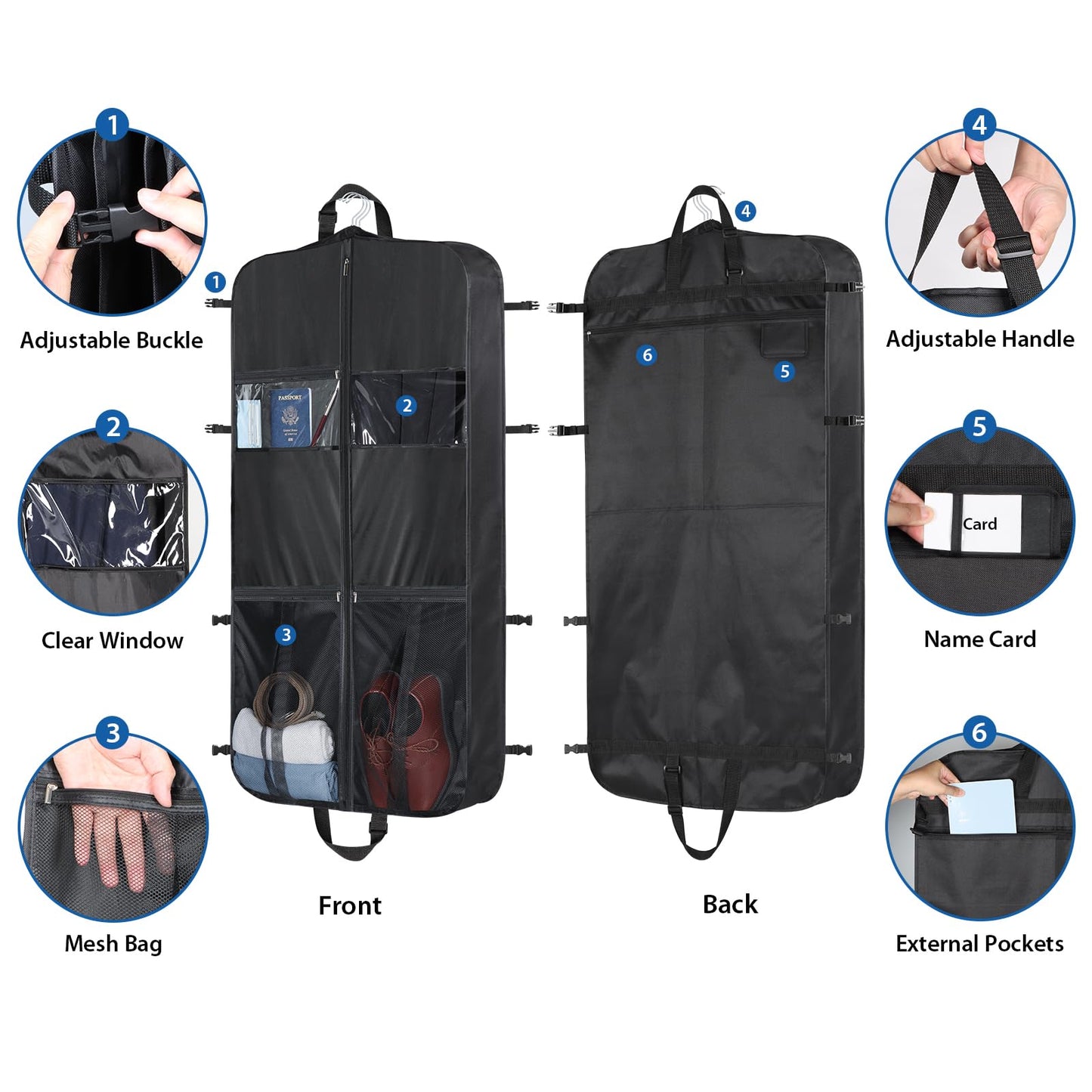 Zilink 48 Inch Garment Bags for Travel Heavy Duty Travel Suit Bag for Men Women with Buckles & Shoulder Strap Garment Bags for Hanging Clothes, Black