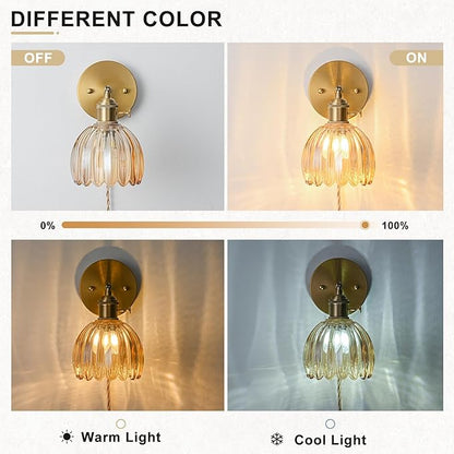 Plug in Wall Sconce, Vintage Sconce Light with Tulip Amber Glass Lampshade, 180° Adjustable Wall Sconce with Switch and Plug in Wall Lamp Cord, Gold Wall Light for Bedroom Bedside