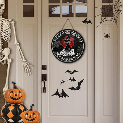 Halloween Black Cat Front Door Signs Hello Darkness My Old Friend Wooden Door Sign Skull Spiderweb Bat Wall Hangers Halloween Door Hanging Decorations for Home Door Porch