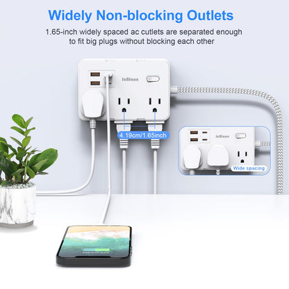 Flat Plug Power Strip Surge Protector, 5ft Ultra Thin Extension Cord with 4 USB Wall Charger(2 USB C Port), 6 Widely-Spaced Outlets Power Strip Compact for Travel, Office, Dorm Room Essentials (White)