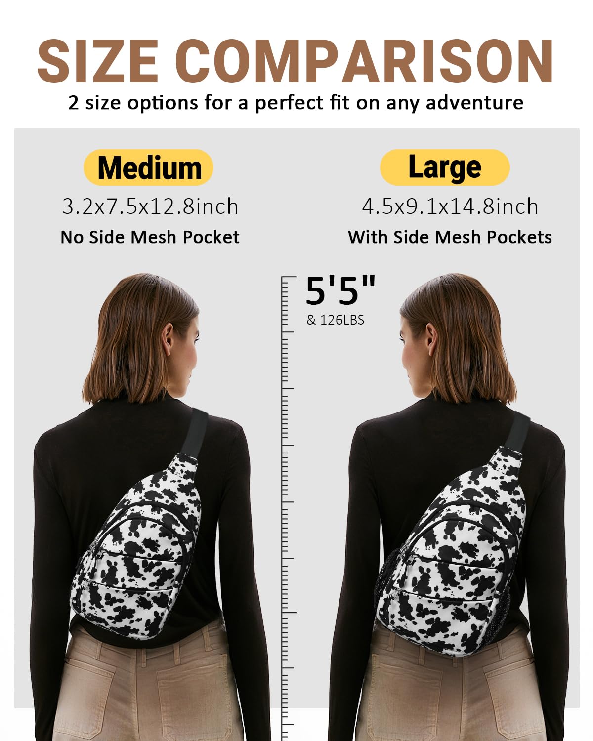 Tuwubi Crossbody Bags for Women, Sling Bag for Men, Small Hiking Backpack Anti Theft Lightweight for Outdoors Travel （M, Cow Print）