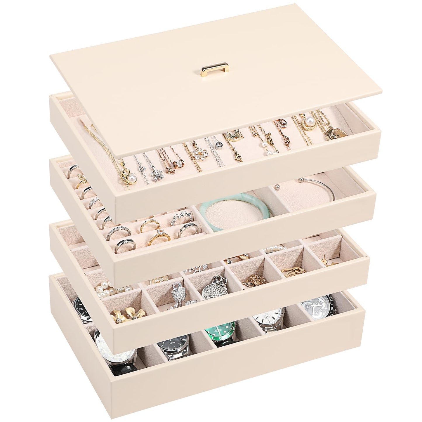 Voova Stackable Jewelry Organizer Tray with Lid, PU Leather Jewelry Storage Holder for Drawer Inserts, Jewellery Display Box Case for Earring Necklace Ring Watch Bracelet (Set of 4, Apricot)