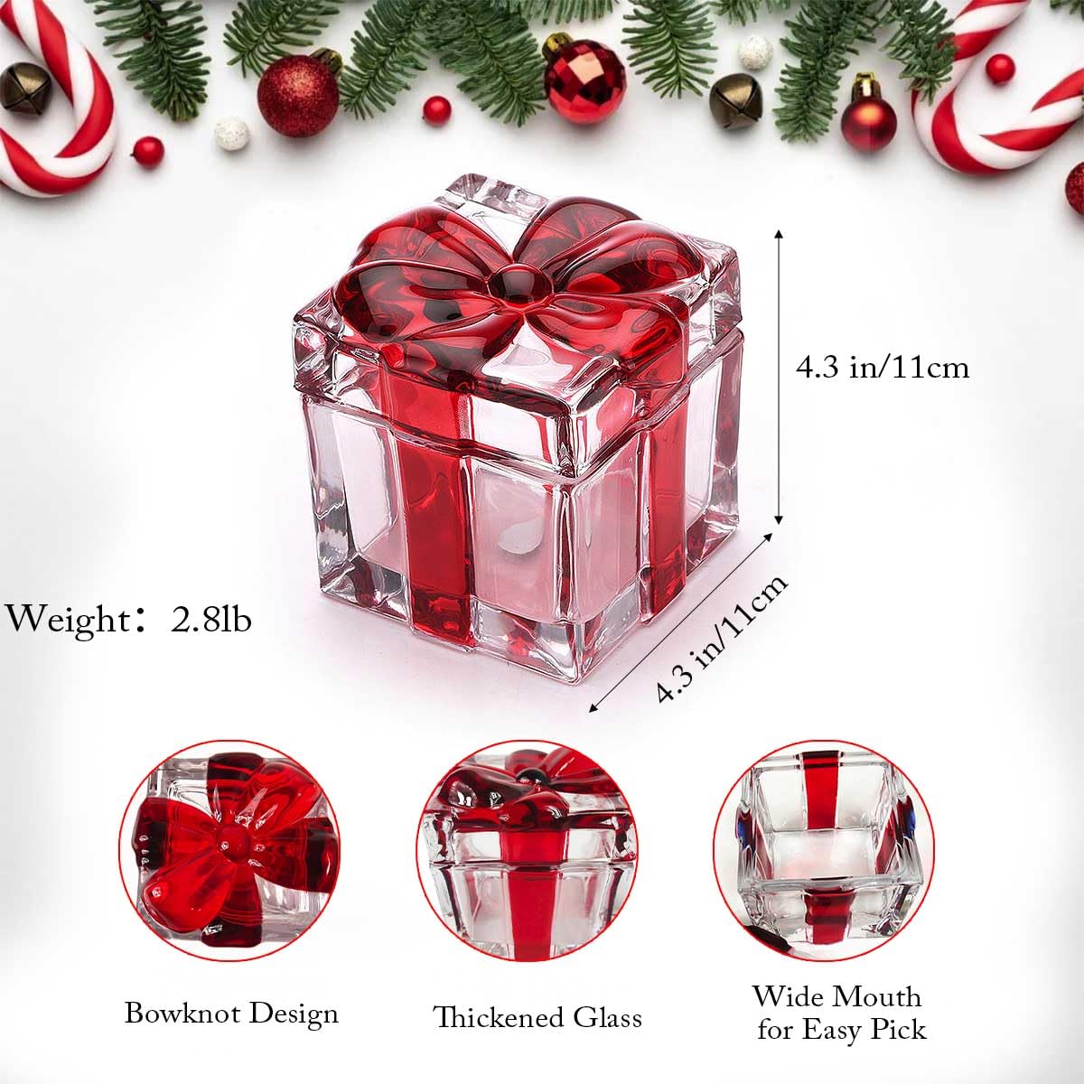 Gkesgm Set of 2 Christmas Candy Jar Red Glass Sugar Jar with Bowknot Lid,Square Crystal Peppermint Sweets Dish, Serving Tray, Serving Platter,Christmas Holiday Decor