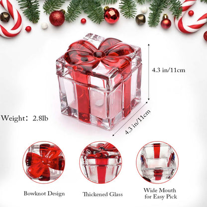 Gkesgm Set of 2 Christmas Candy Jar Red Glass Sugar Jar with Bowknot Lid,Square Crystal Peppermint Sweets Dish, Serving Tray, Serving Platter,Christmas Holiday Decor