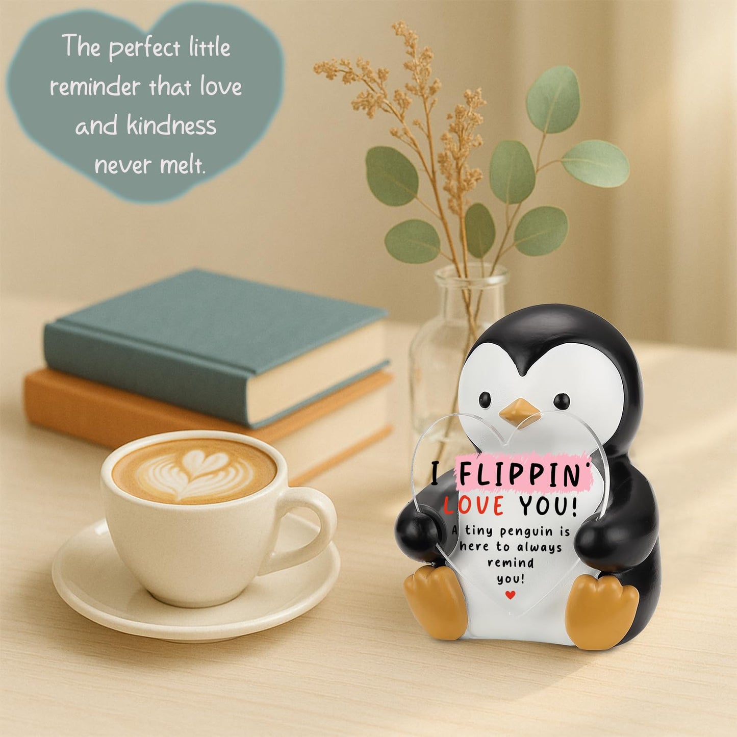 I Flippin’ Love You Penguin Figurine with Heart Plaque, Cute Penguin Collectible Desk Sign, Sentimental Gift for Friend, Family, Coworker, Birthday, Christmas, Anniversary Keepsake ES018