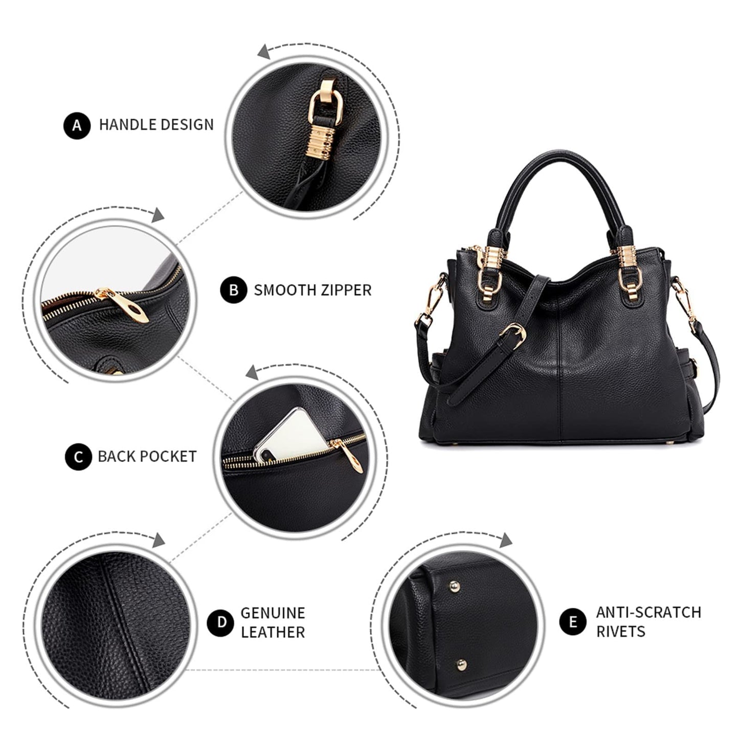 Kattee Soft Women Genuine Leather Purses and Handbags Satchel Tote Shoulder Bag (Black)