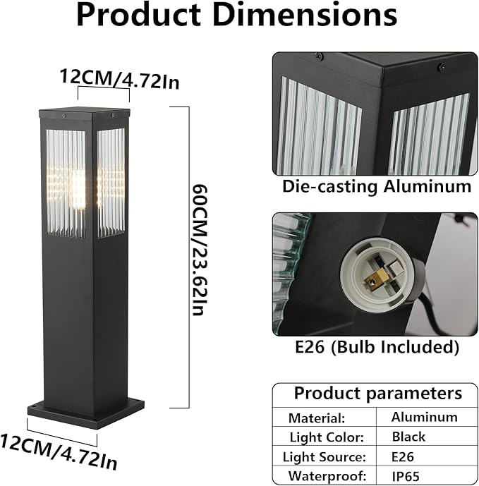 Outdoor Landscape Path Light Stainless Steel Waterproof Bollard Lighting Hardwired E26 Glass Post Pillar Lights Black Modern Lawn Lighting Outside House Pathway Lamp For Garden Patio Yard Street Light