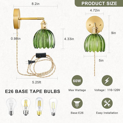 Plug in Wall Sconce, Vintage Sconce Light with Tulip Green Glass Lampshade, 180° Adjustable Wall Sconce with Switch and Plug in Wall Lamp Cord, Gold Wall Light for Bedroom Bedside