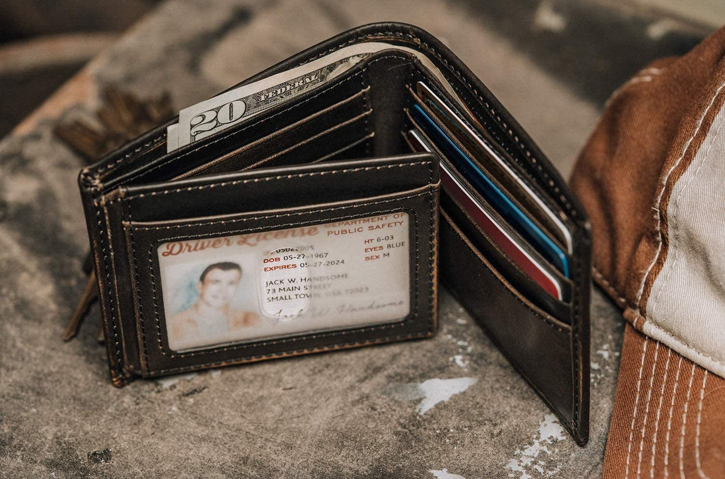 House of Jack Co. Bass Fish Double ID Bifold Wallet for Men, Full Grain Leather Bifold Wallet, 2 ID Windows, 10 Card Slots, Fishing Wallet, Black