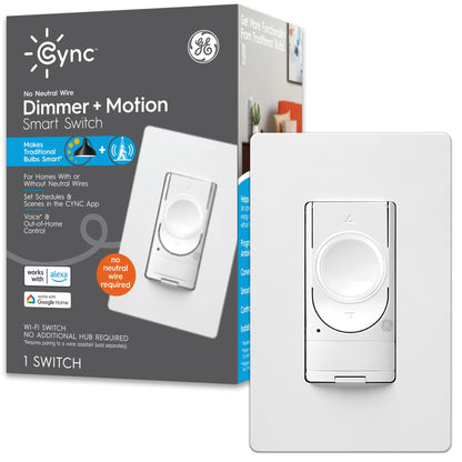 GE CYNC Smart Dimmer Light Switch & Motion Sensor, No Neutral Wire Required, Bluetooth and WiFi 3-Wire Switch, Works with Amazon Alexa and Google Home, White (1 Pack)