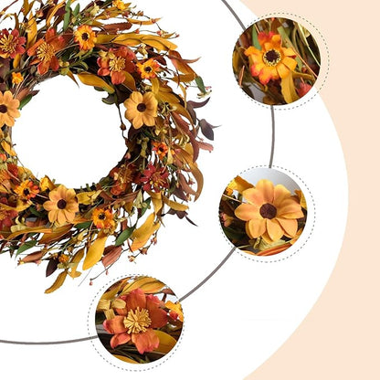 Fall Front Door Wreath,18” Artificial Floral Wreaths with Colorful Daisies and Fall Orange Wreath for Front Door Wall Window and Thanksgiving Decor