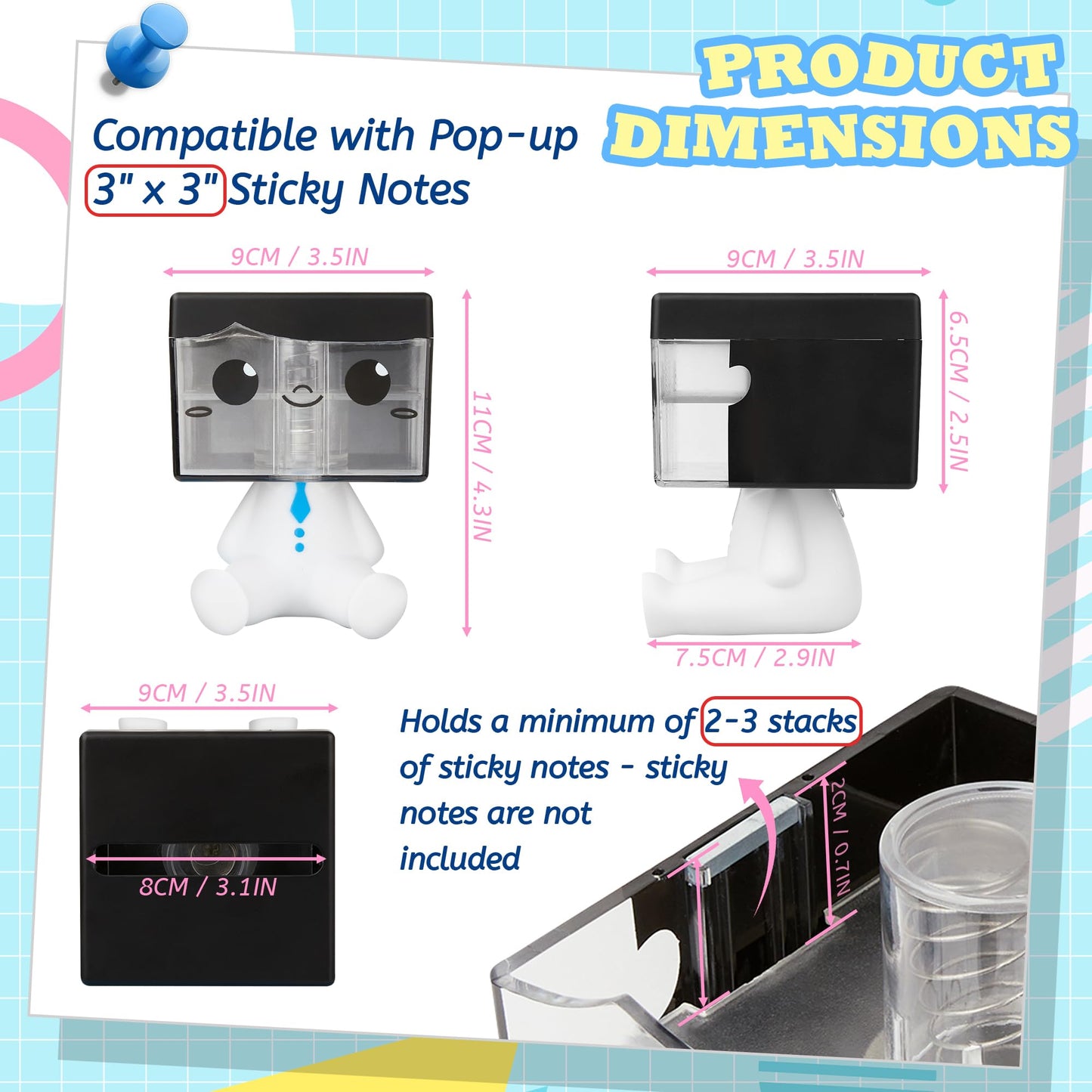 Dormercy Pop-up Notes Dispenser for Desk, Idea Boy Sticky Note Holder for Office School, Cute Office Supplies, 3x3 in, Magnetic Design, White, 1 Pack