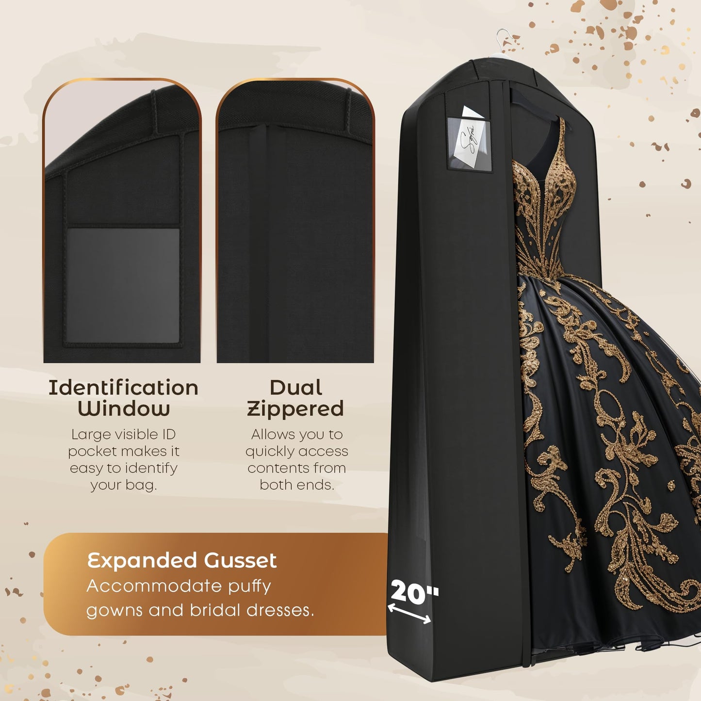 Your Bags Quinceanera Dress Garment Bag - Garment Bags for Hanging Gowns or Storage Preservation - 72" Quinceanera Storage Bag for Gowns with 20" Gusset for Puffy Quinceanera Gowns - Black/Gold