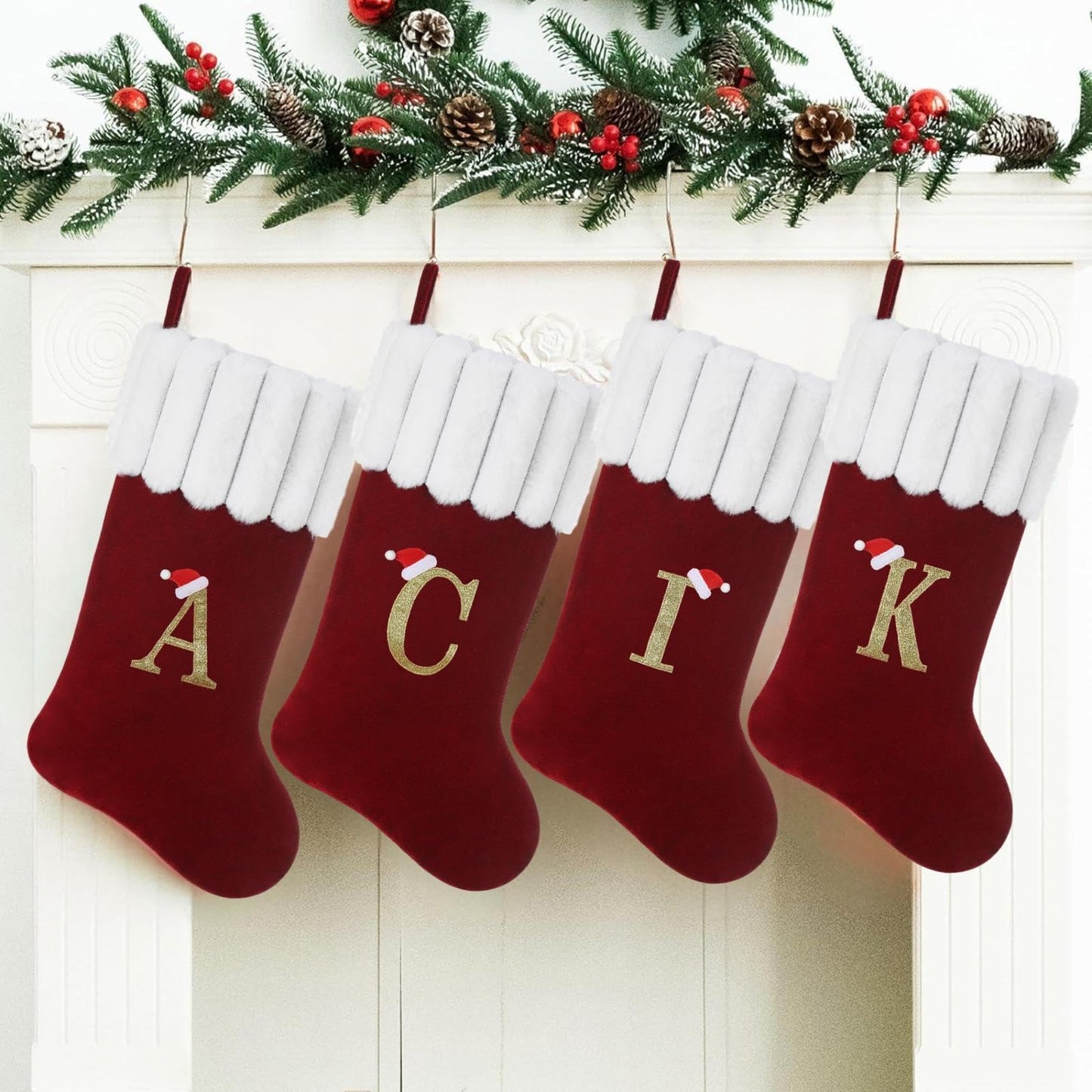 Yehnois 20 Inch Personalized Christmas Stocking,Red Velvet with Embroidered Initial,Holiday Xmas Party Decor Letter M