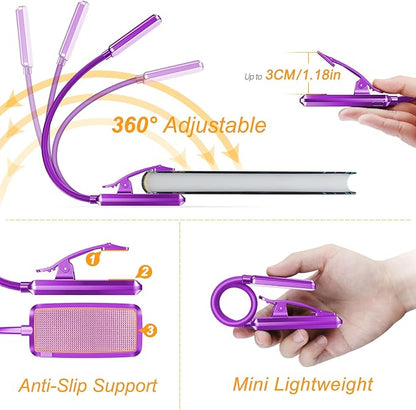 Gritin 9 LED Rechargeable Book Light for Reading in Bed - Eye Caring 3 Color Temperatures,Stepless Dimming Brightness,80 Hrs Runtime Small Lightweight Clip On Book Reading Light-Dark Purple