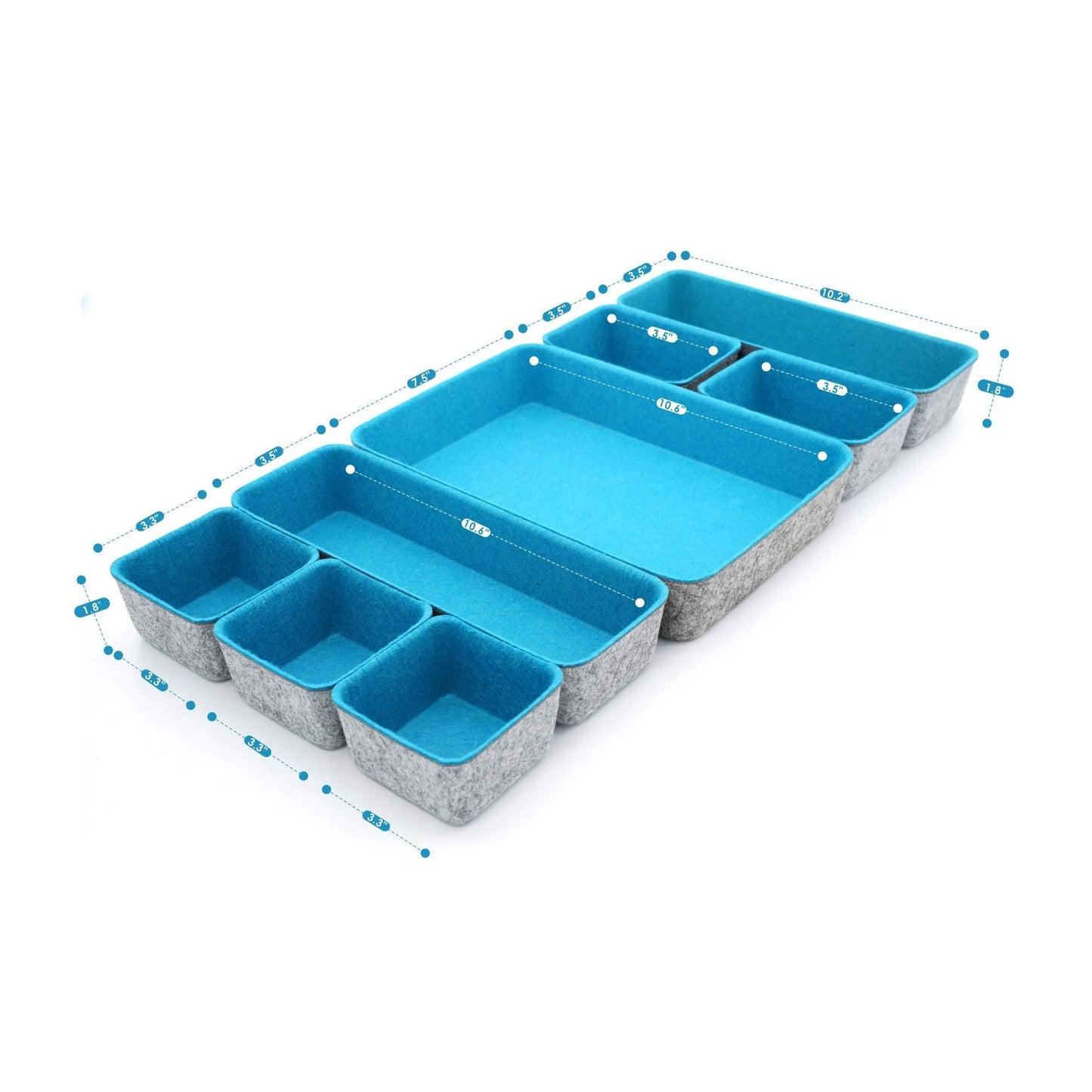 Welaxy desk drawer organizer tray felt storage bin for home office entryway catchall key holder makeup crafts pens decluttering 8-piece gift Solution (Turquoise)