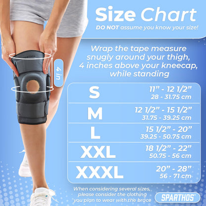 Sparthos Hinged Knee Brace - Relieves ACL, MCL, Meniscus Tear, Arthritis, Tendon Pain - Dual Metal Side Stabilizers - Support for Running, For Men and Women Check Size Chart (Large, 15½-20″ Thigh)