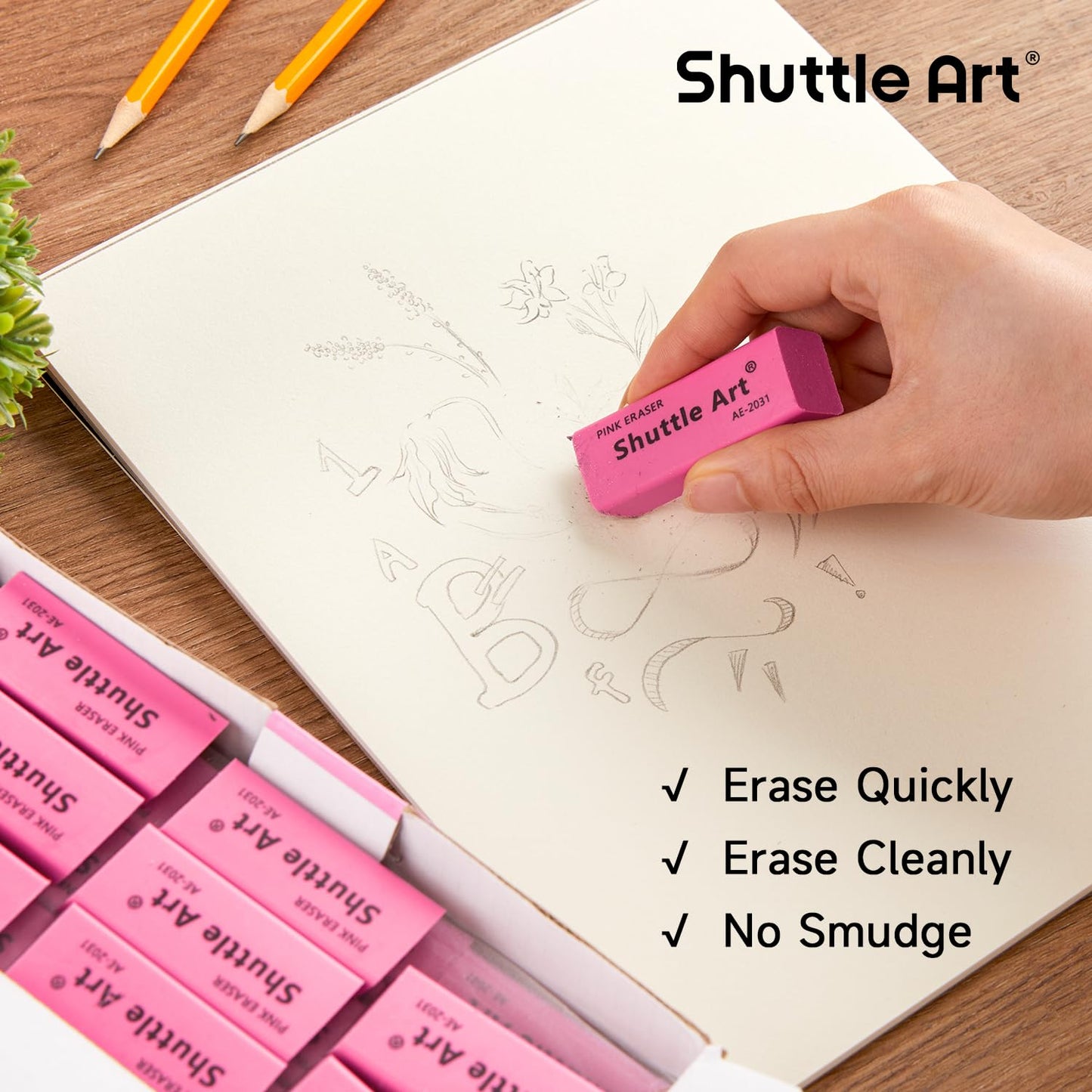 Shuttle Art Pink Erasers, 200 Pack Bulk for School, Office, Latex-Free Soft Erasers for Kids, Teachers as School Supplies