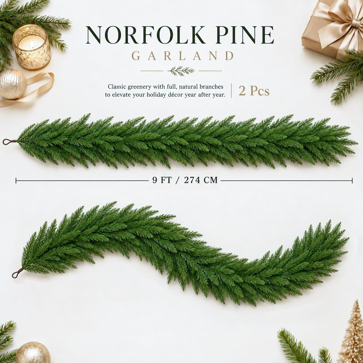 FesNiva 2 Pcs Artificial Norfolk Pine Garland – Winter Greenery Garland for Christmas Decorations, Ideal for Mantle, Table, Fireplace & Holiday Home Decor (9 FT)
